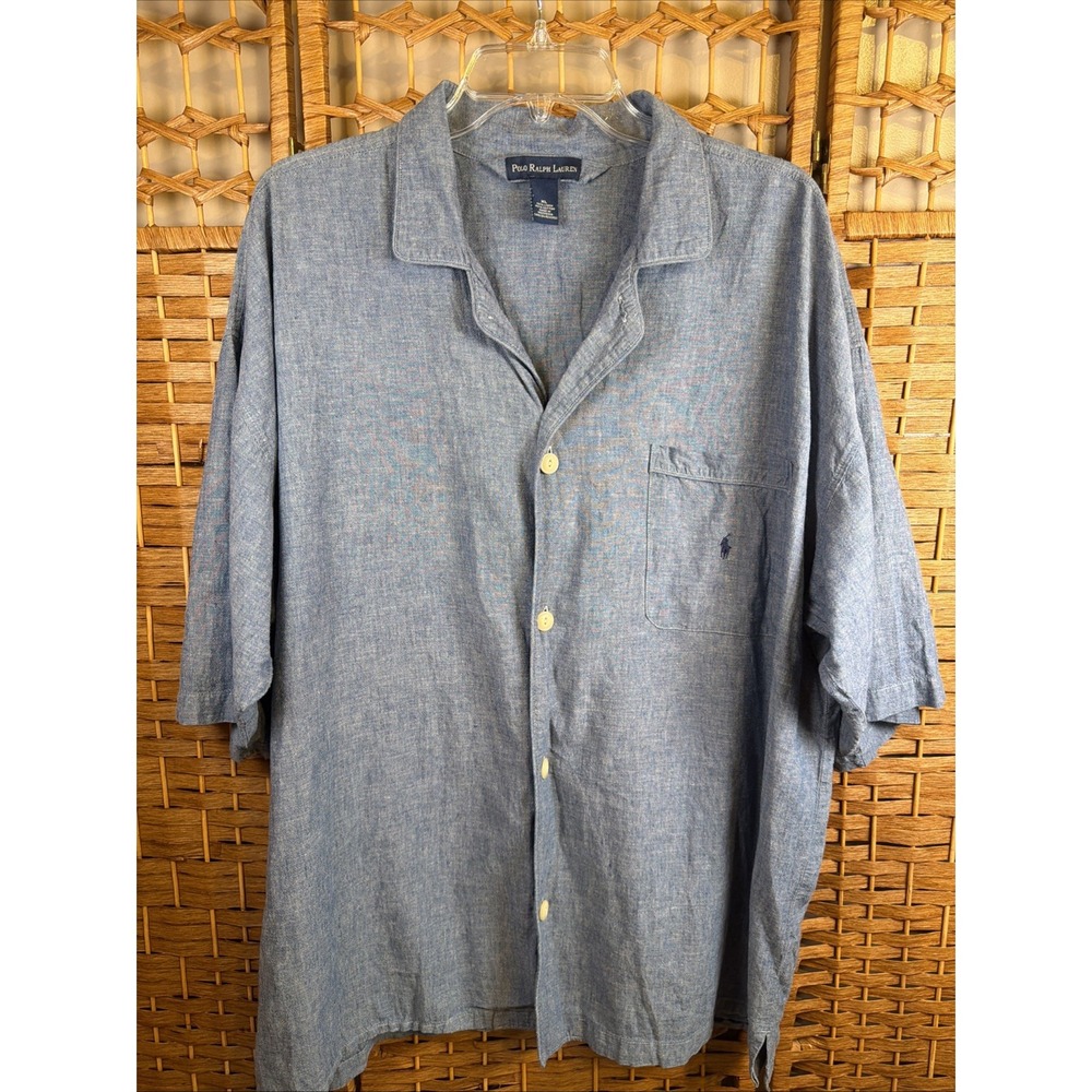 Polo Ralph Lauren Shirt Mens XL Blue Linen Blend Camp Loop Collar